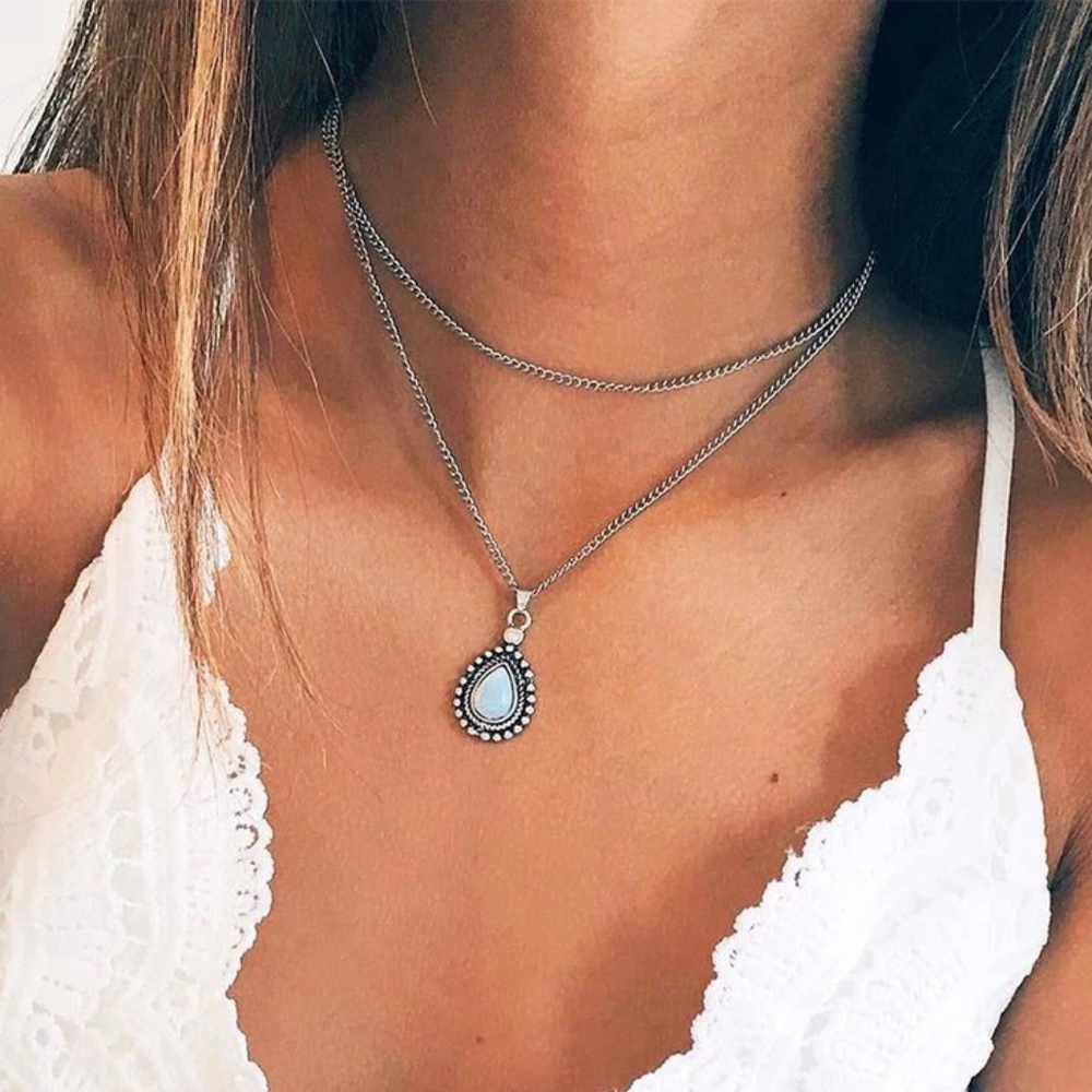 Water Drop Bead Double Chain Silver Necklace